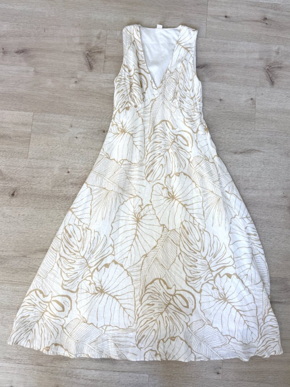 Magaschoni Linen Tropical Leaf Midi Dress Size 6 Ivory Beige Resort Coastal - Picture 4 of 10